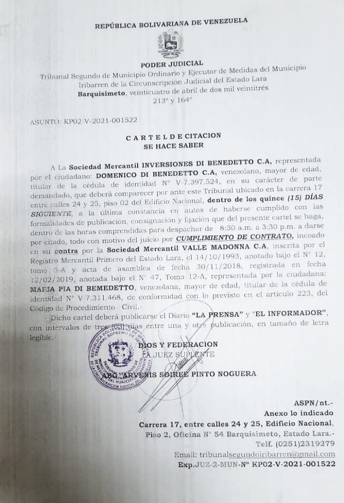 CARTEL DE CITACION A La Sociedad Mercantil INVERSIONES DI BENEDETTO C