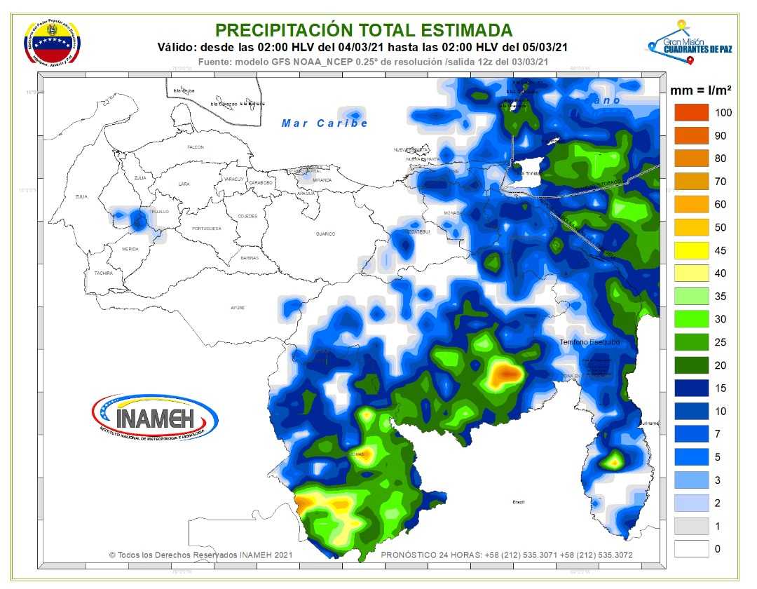 Inameh pronostica lluvias con posibles descargas eléctricas en algunas zonas