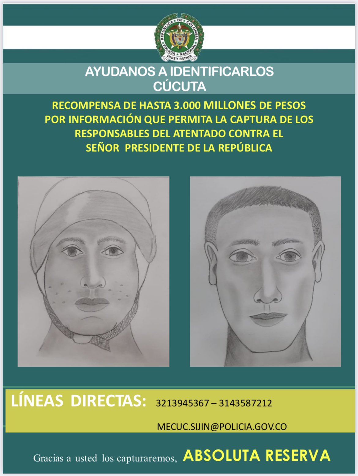 Policía colombiana reveló retratos hablados de los responsables del ataque a Duque