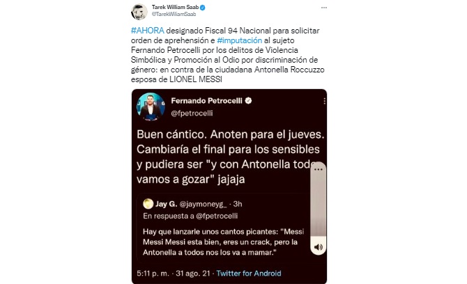 Saab pide la captura del periodista Fernando Petrocelli, por tuit sobre la esposa de Messi