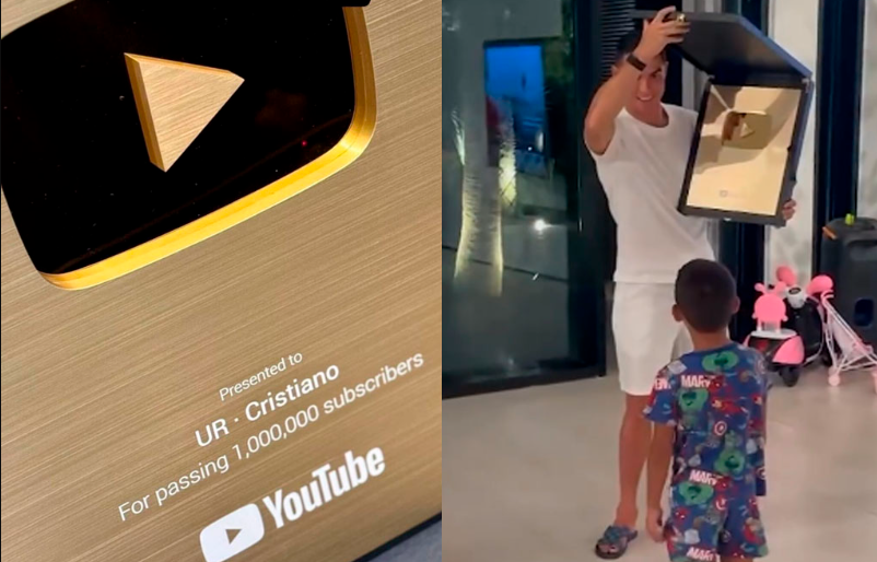 Cristiano Ronaldo recibe placa de 1 millón de suscriptores en YouTube el mismo día que abrió su canal