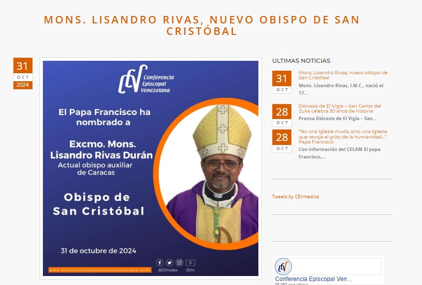 Mons. Lisandro Rivas es nombrado nuevo obispo de San Cristóbal