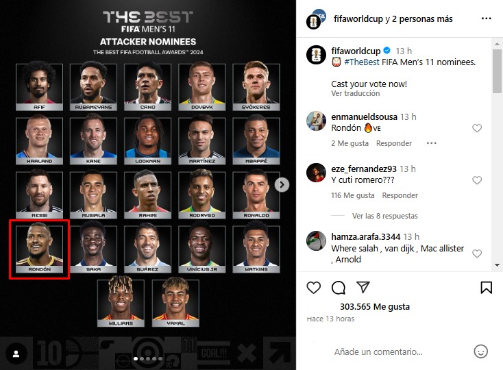 Salomón Rondón es nominado al premio The Best de la FIFA