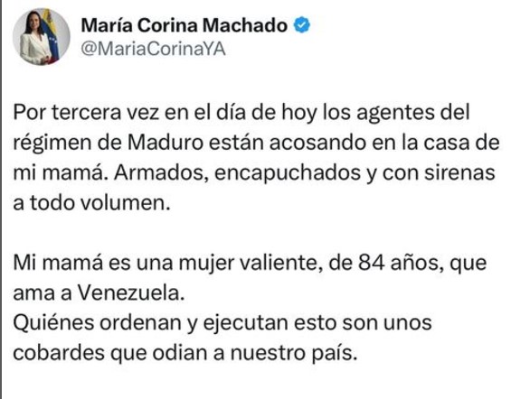 María Corina Machado denuncia nuevo asedio contra la residencia de su madre en Caracas