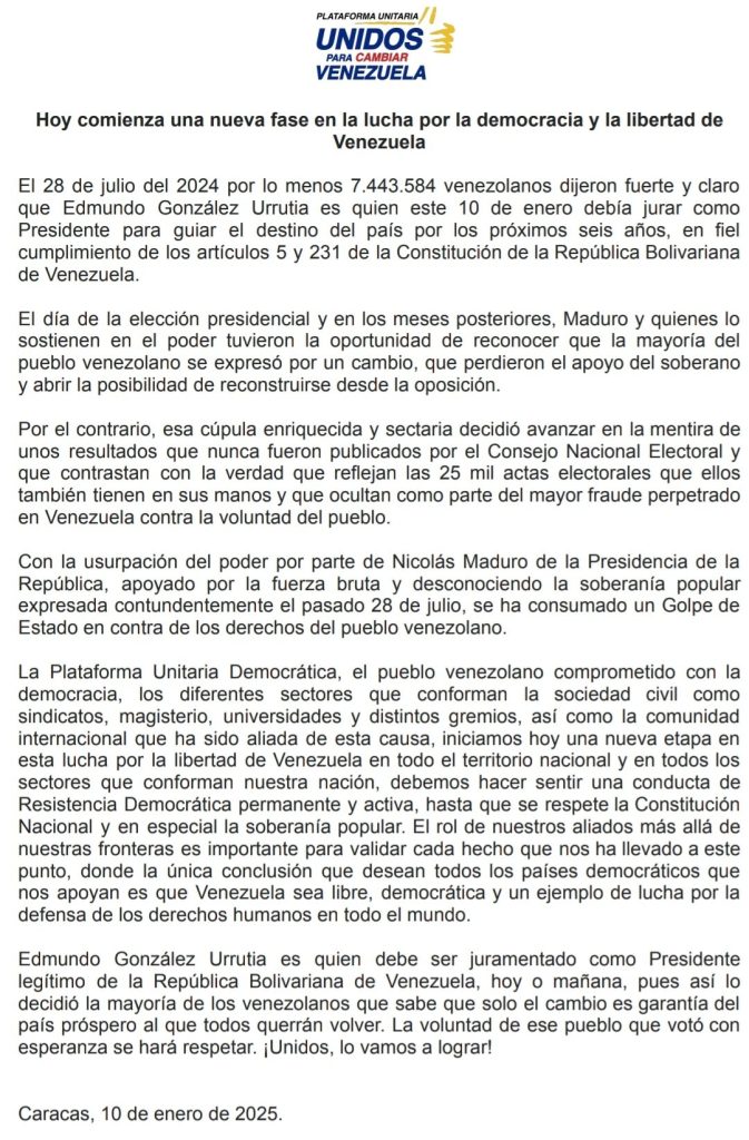 Plataforma Unitaria: “Hoy comienza una nueva fase en la lucha por la democracia y la libertad de Venezuela”