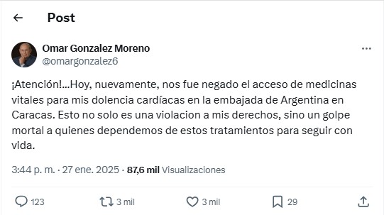 Omar González denuncia nuevamente restricciones para acceder a medicamentos en embajada argentina