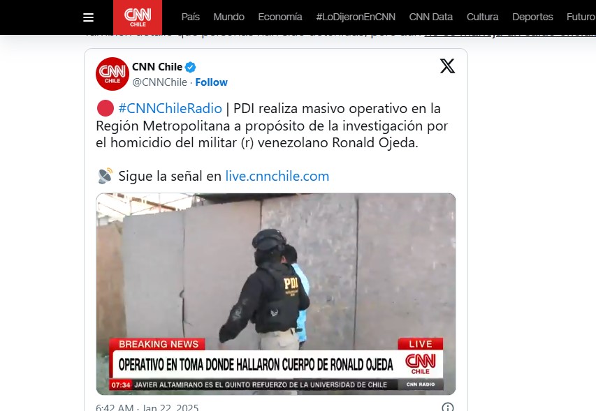 Chile realiza masivo operativo relacionado al caso de Ronald Ojeda: “Es un golpe duro a la estructura del Tren de Aragua”