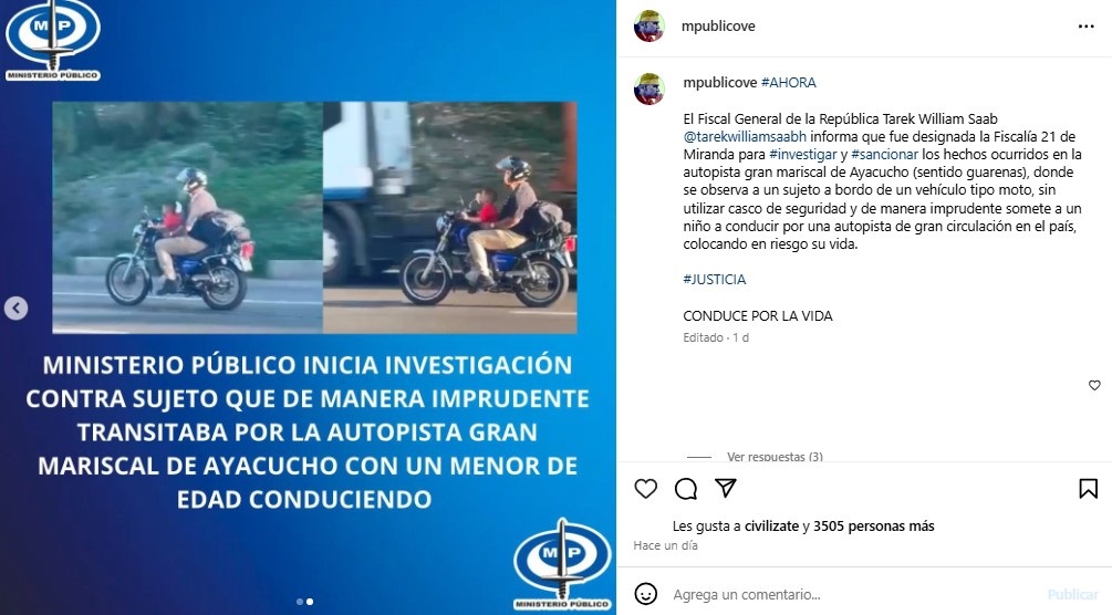 MP investiga a una persona por permitir a un niño conducir una moto en una autopista