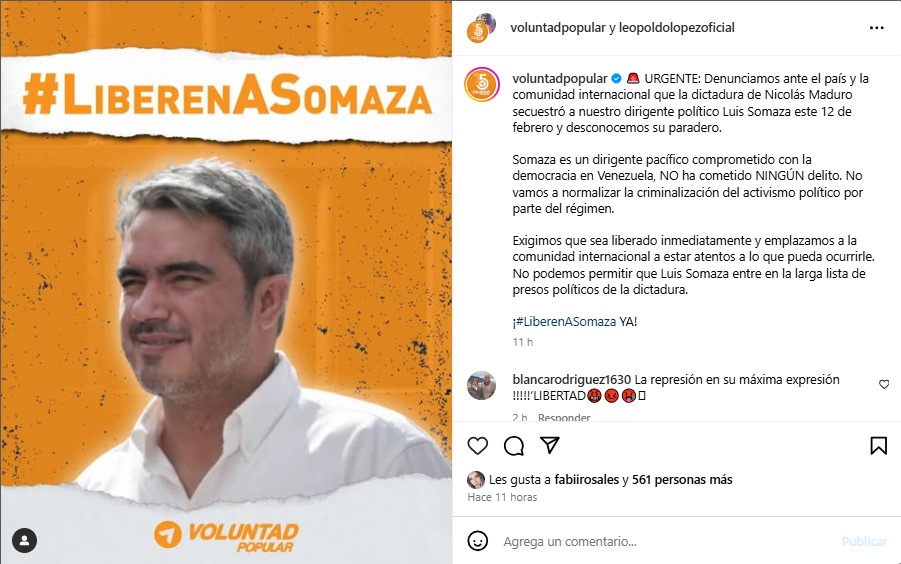 Voluntad Popular denuncia la detención del dirigente Luis Somaza