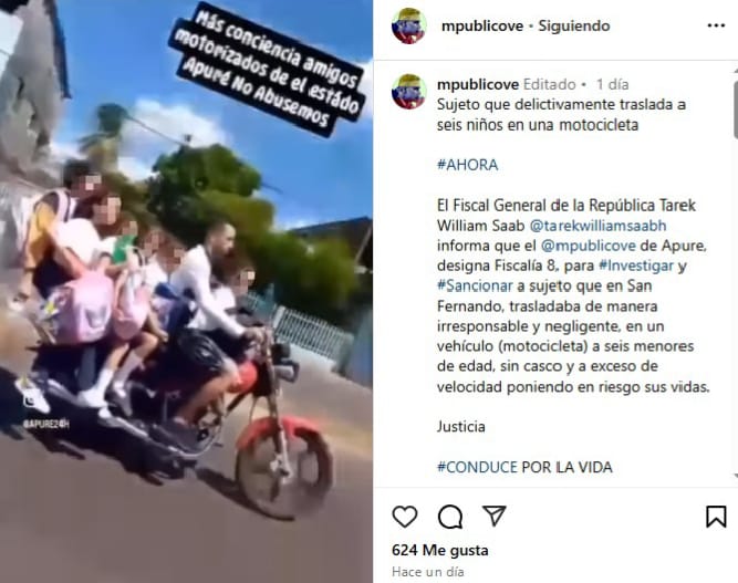 Ministerio Público investiga a un hombre que trasladó a seis niños en una moto